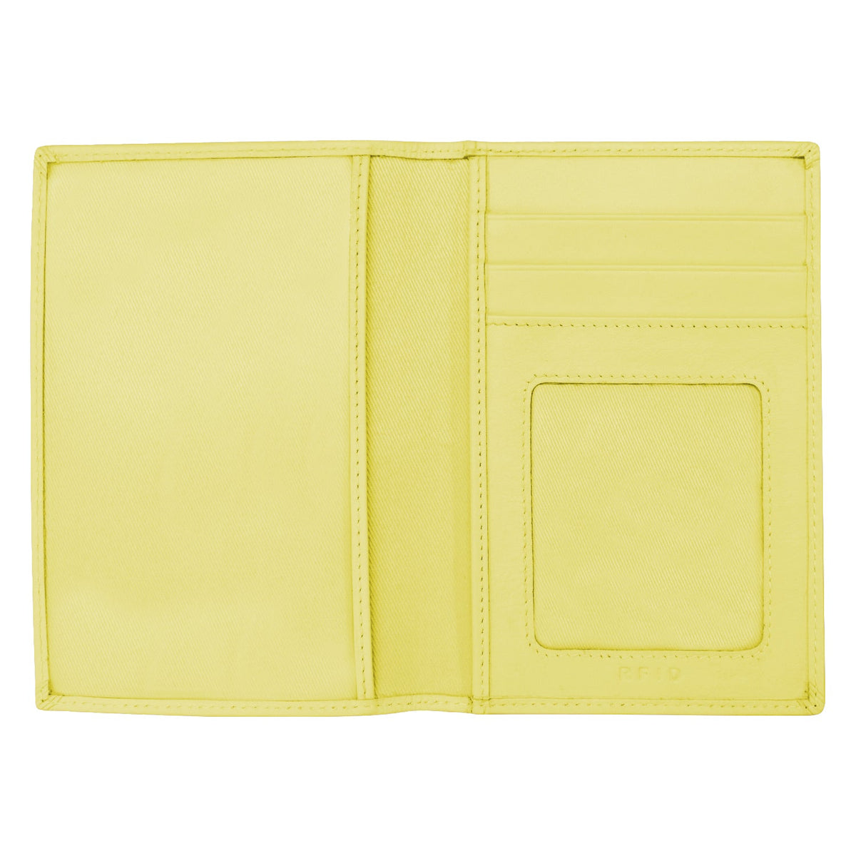 A light yellow leather bifold wallet shown open, displaying its interior layout with card slots, a vertical divider, and an ID window on the right side.