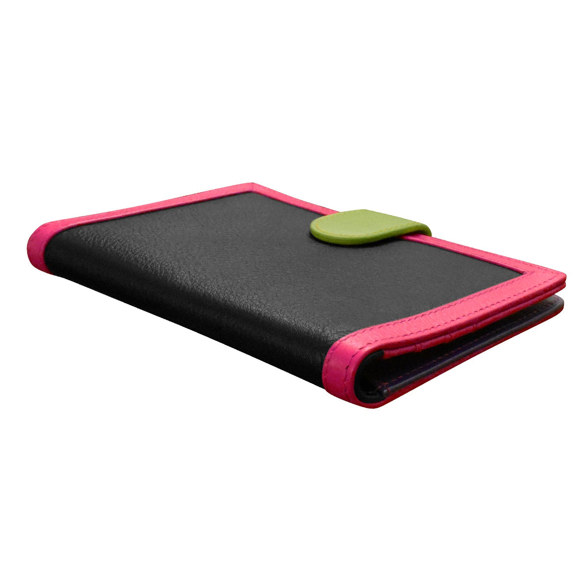 Black and pink device with a green button on a white background