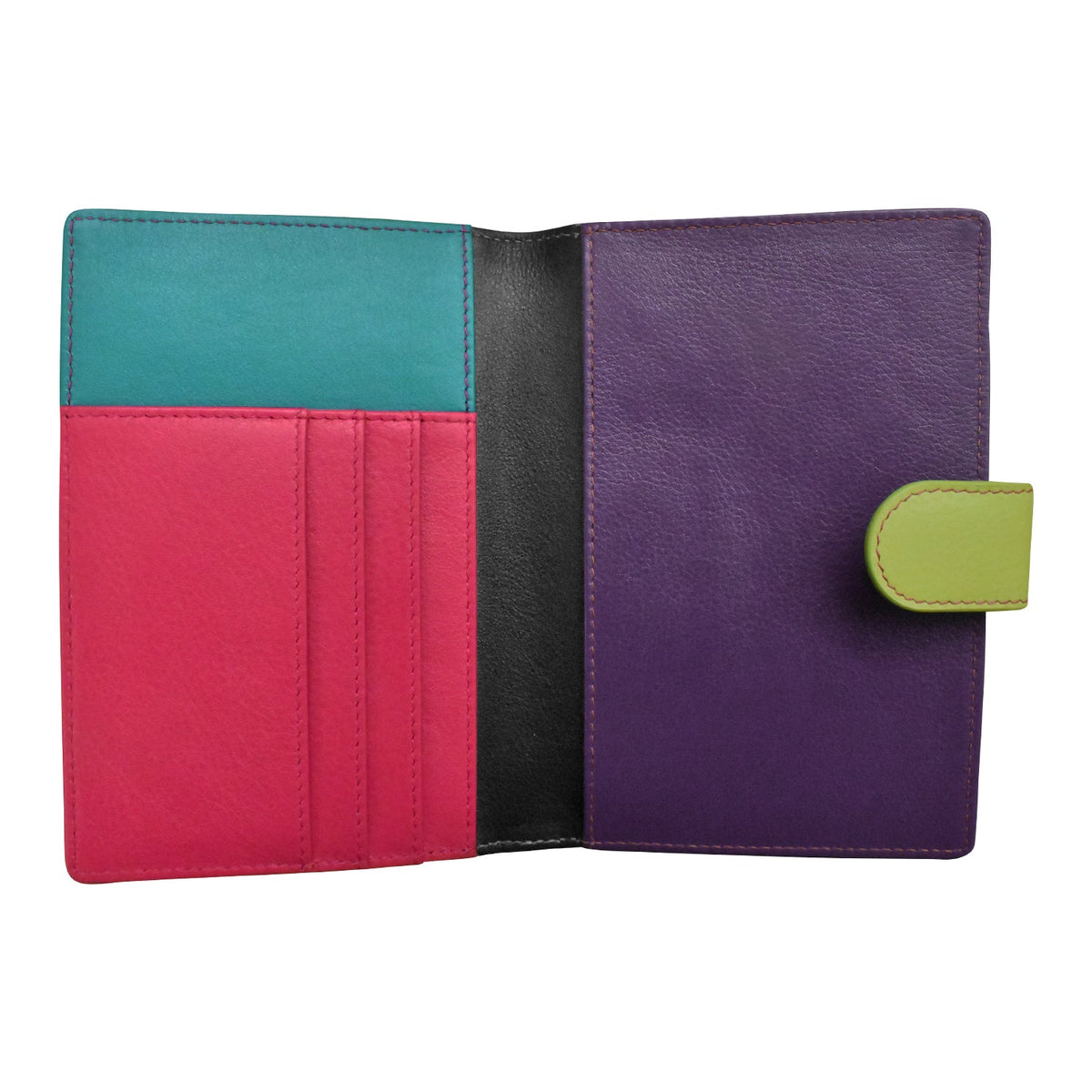 Multicolored leather wallet with a green tab on a white background