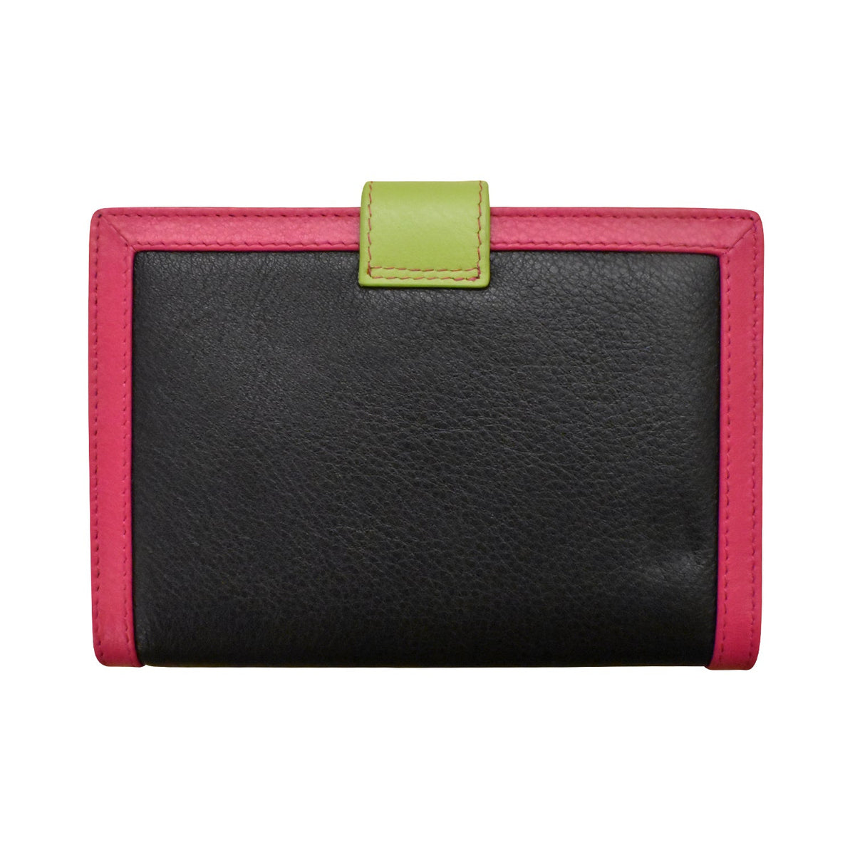 Black wallet with pink border and green flap on a white background