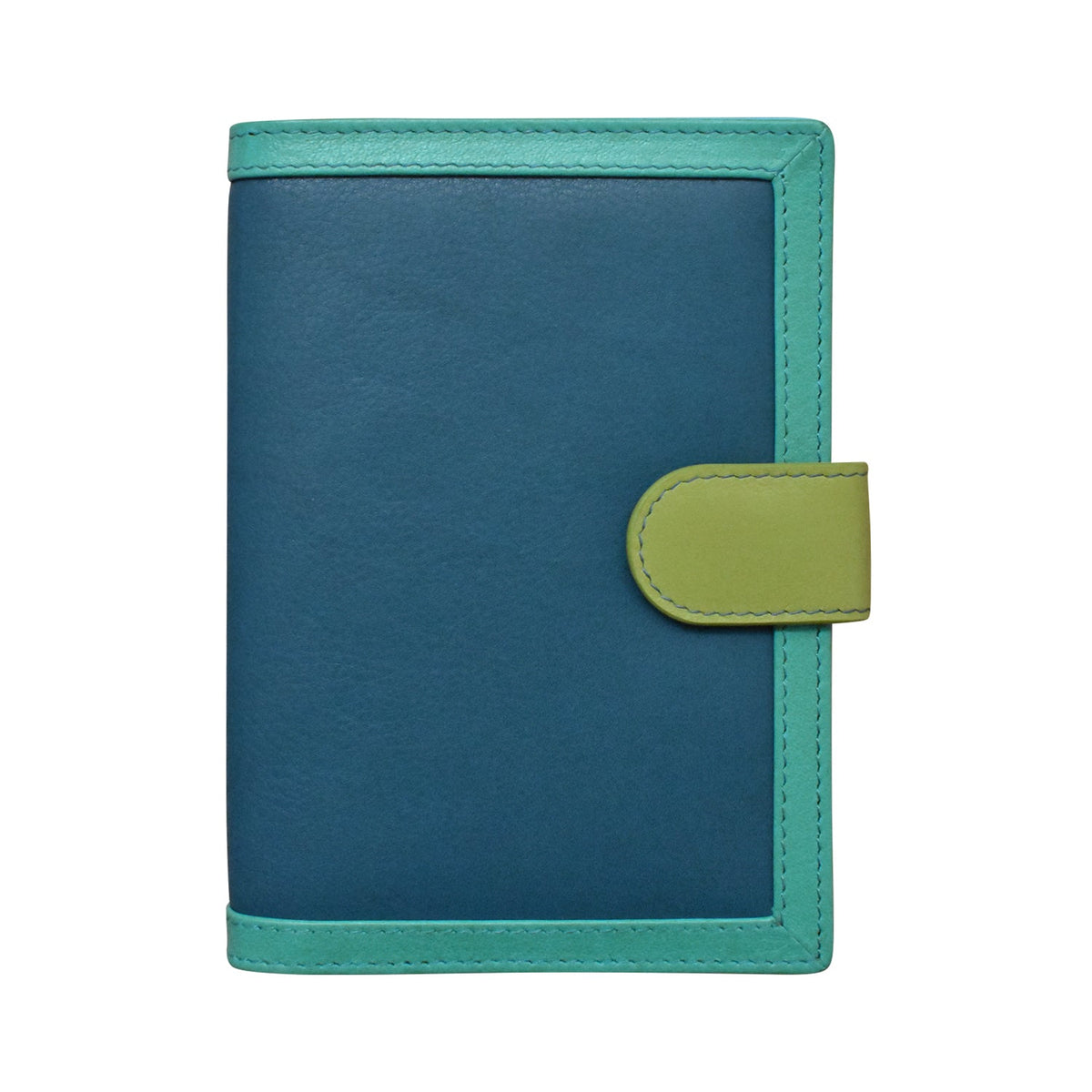 Blue notebook with green accents on a white background