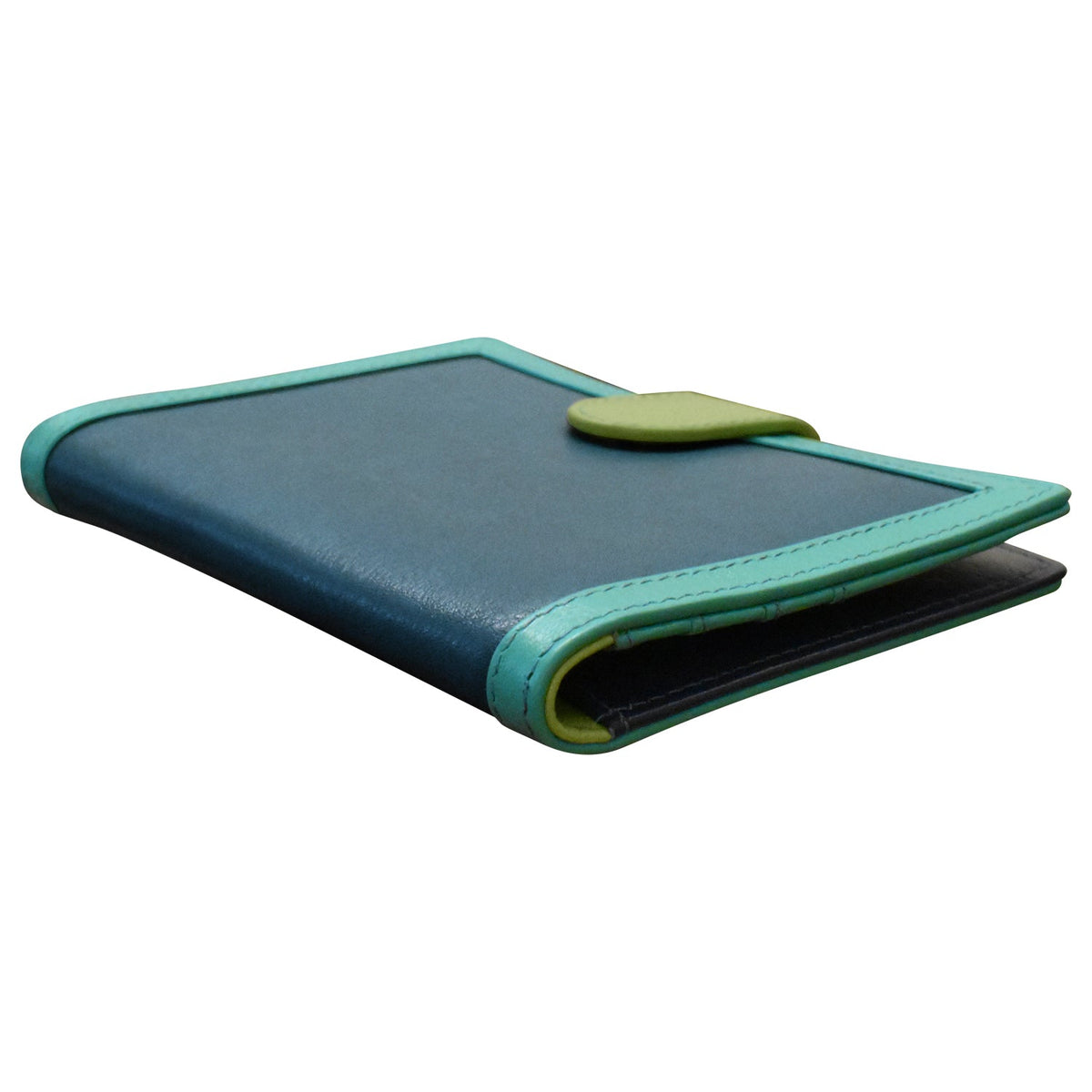 Green and black leather-bound notebook on a white background