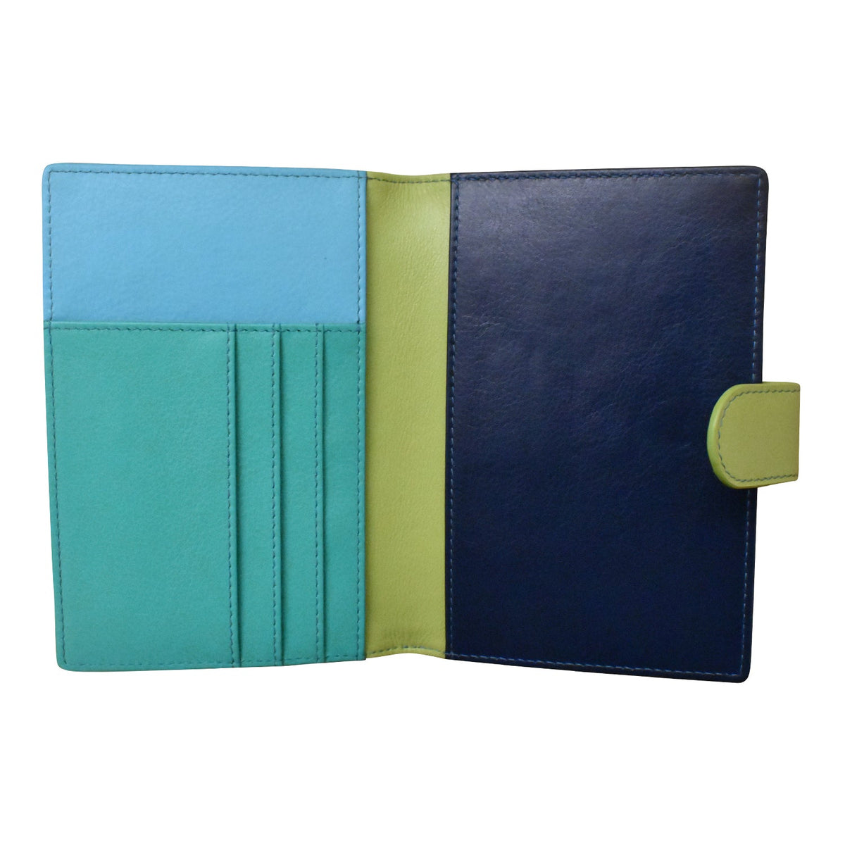Multicolored leather wallet with blue, green, and navy sections on a white background