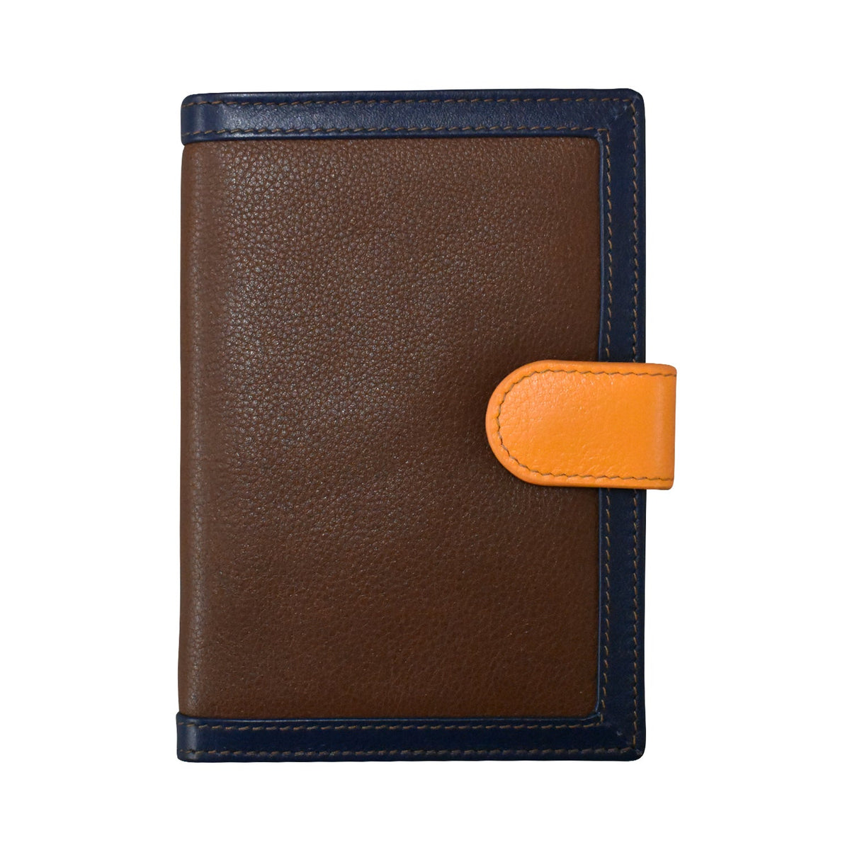 Brown leather notebook with orange tab on a white background