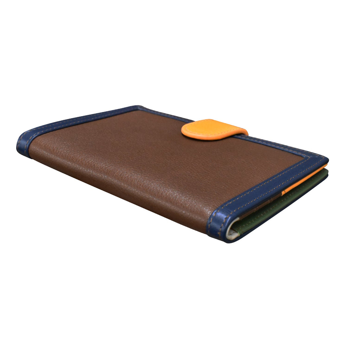 Multicolored leather wallet with orange accent on a white background