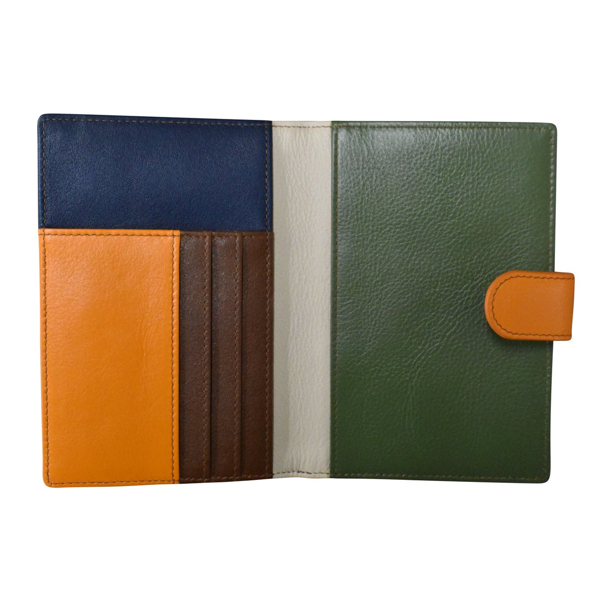 Multicolored leather wallet with blue, orange, brown, and green sections on a white background