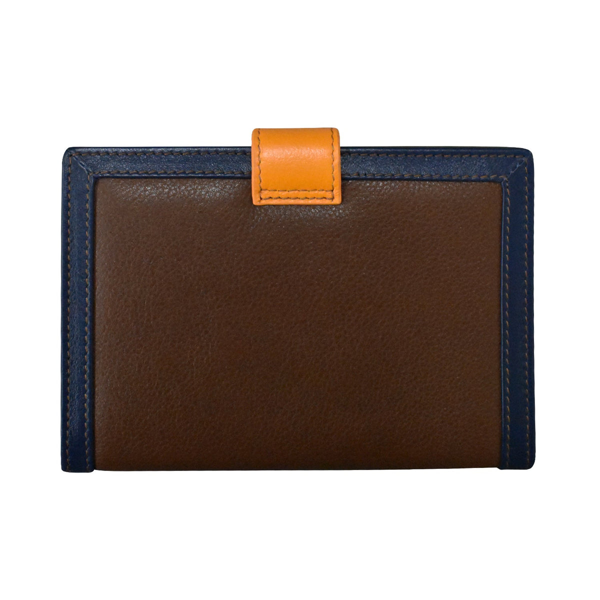 Brown leather wallet with orange tab on a white background