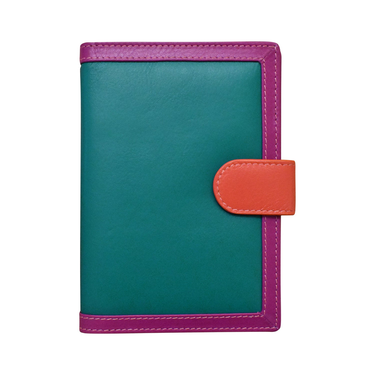 Teal notebook with purple binding and orange tab on a white background