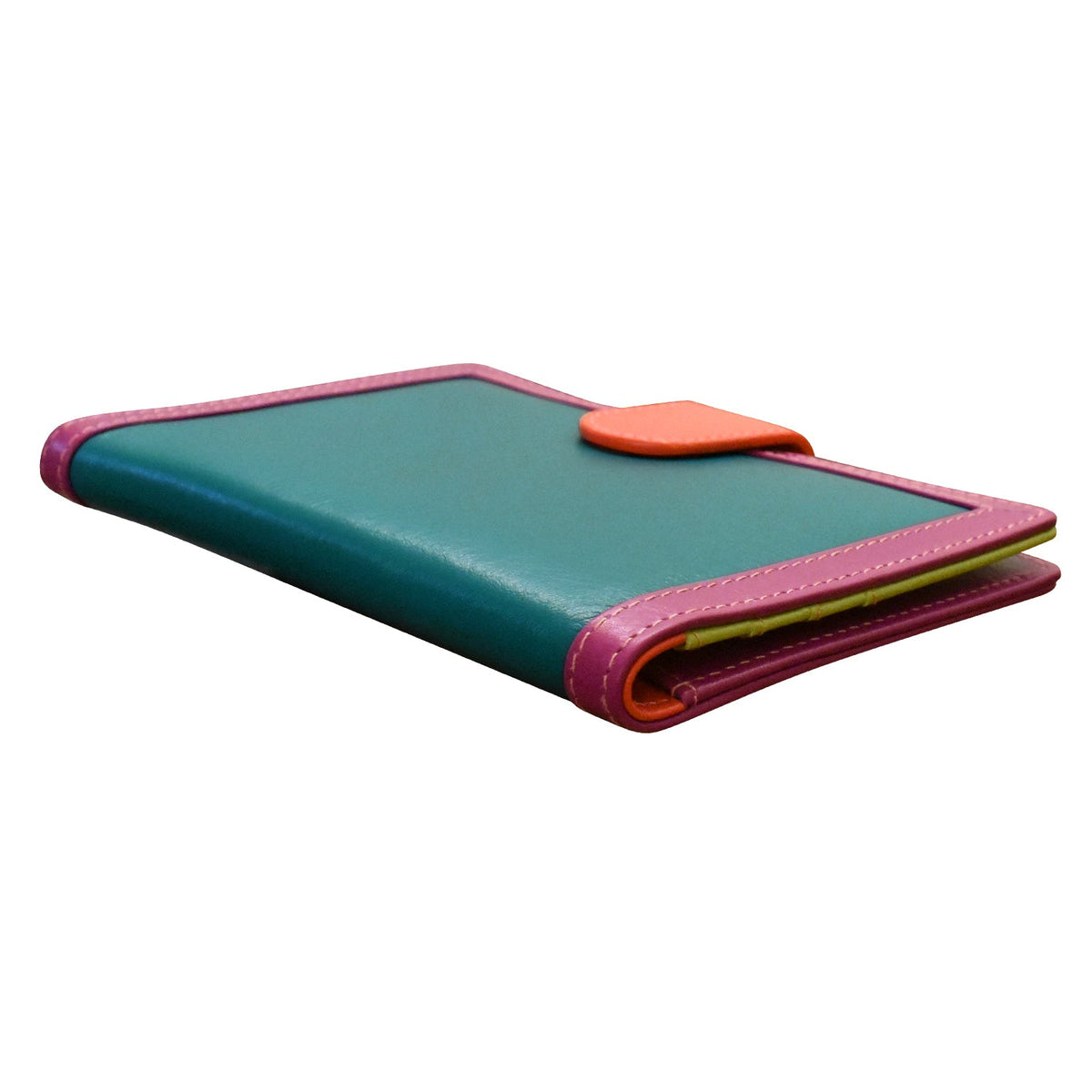 Green and pink wallet with orange accent on a white background