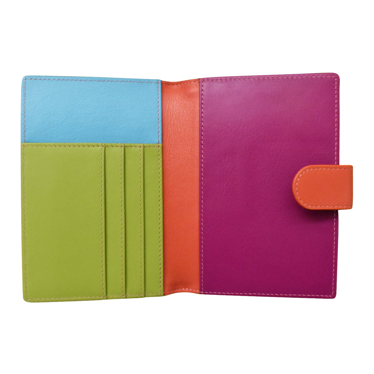 Colorful leather wallet with multiple card slots on a white background