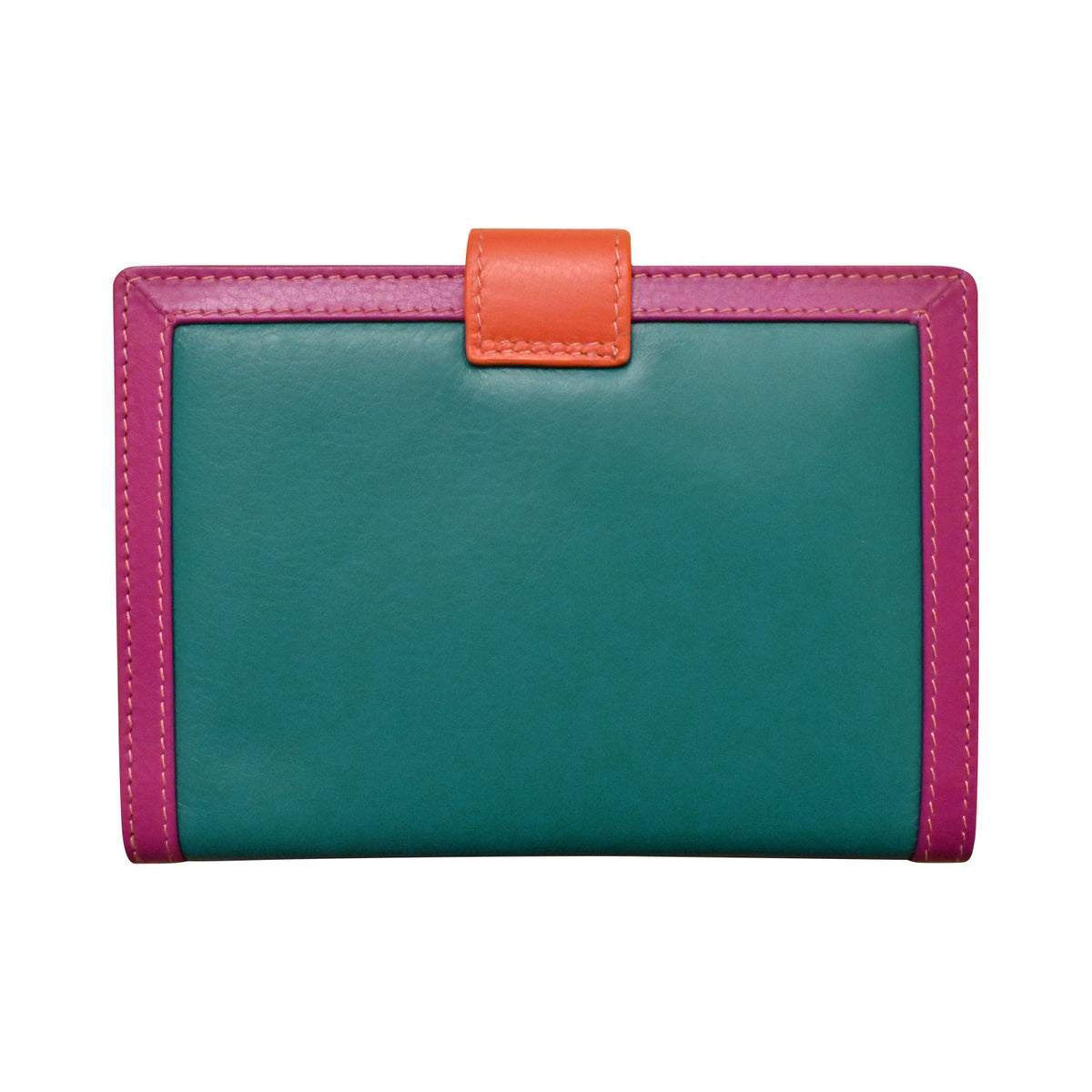 Teal wallet with pink border and orange buckle on a white background