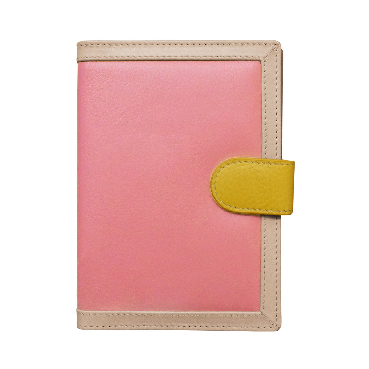 Pink notebook with a yellow strap on a white background
