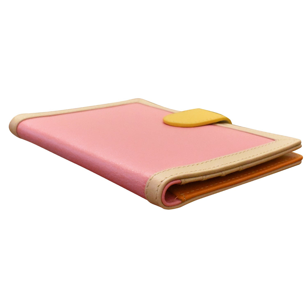 Pink and beige wallet with a heart-shaped pull on a white background