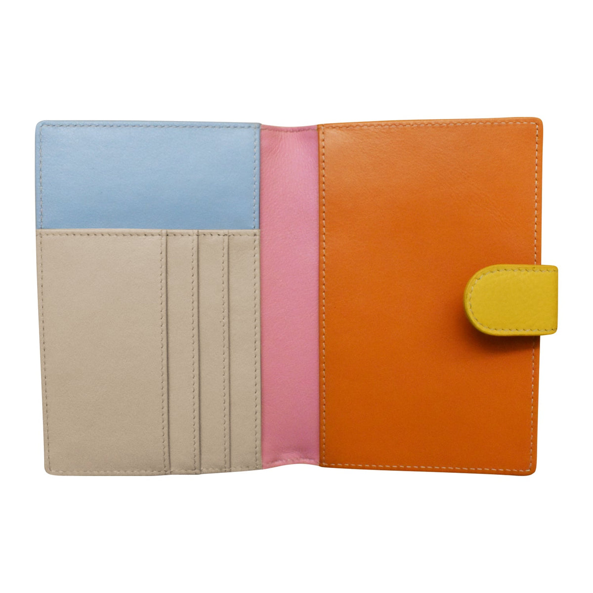 Multicolored leather wallet with a yellow flap on a white background
