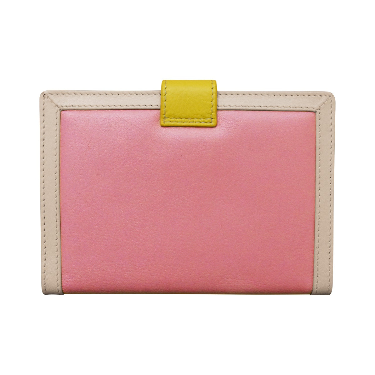 Pink wallet with beige border and yellow tag on a white background