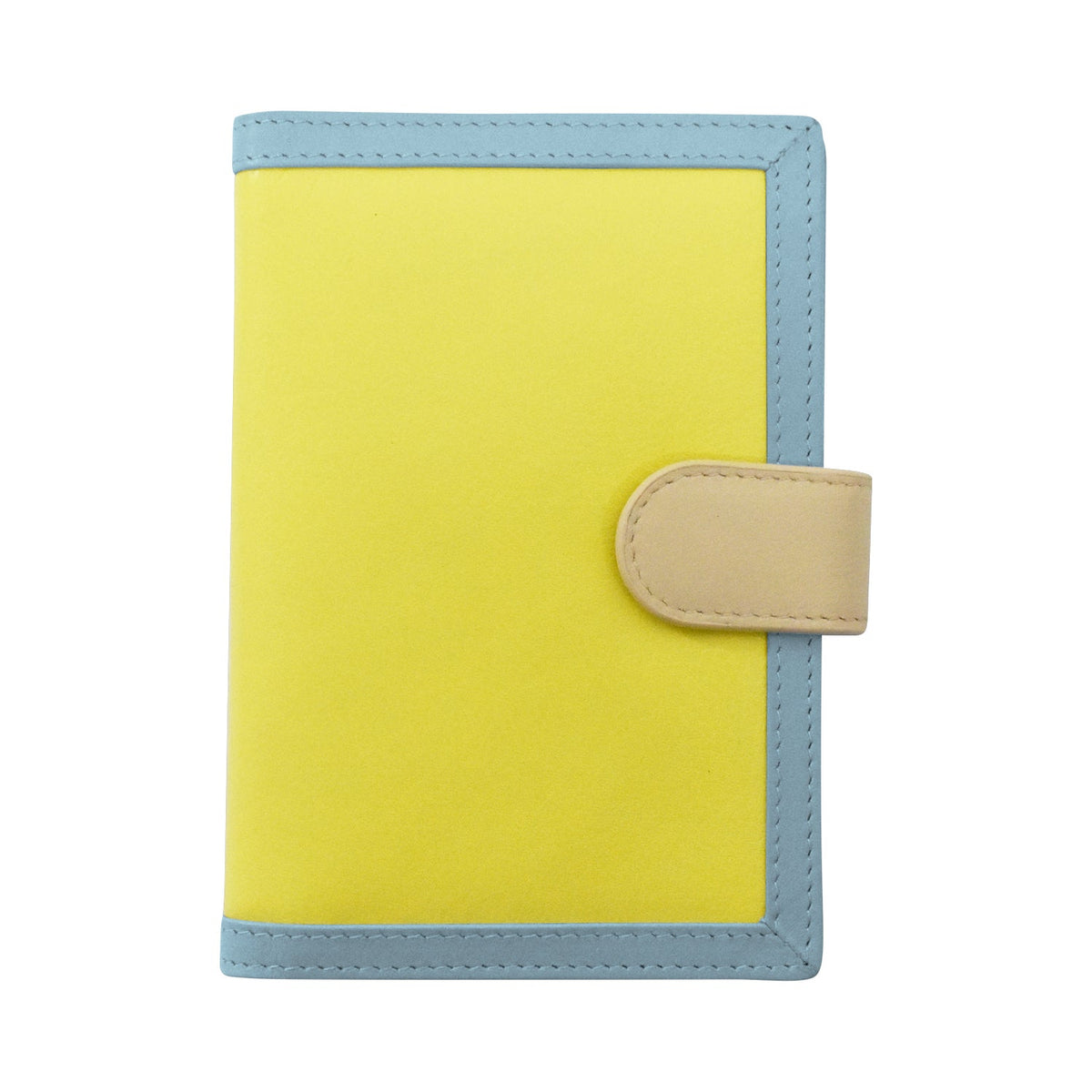 Yellow planner cover with blue border and beige strap on a white background