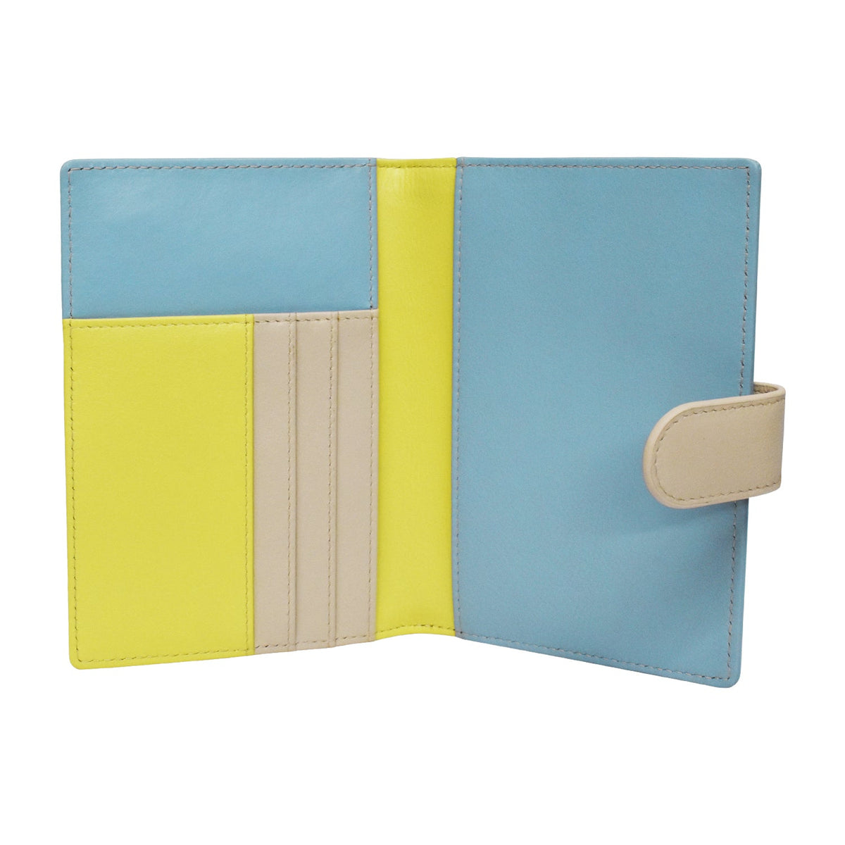 Two-tone blue and yellow wallet with beige flap on a white background