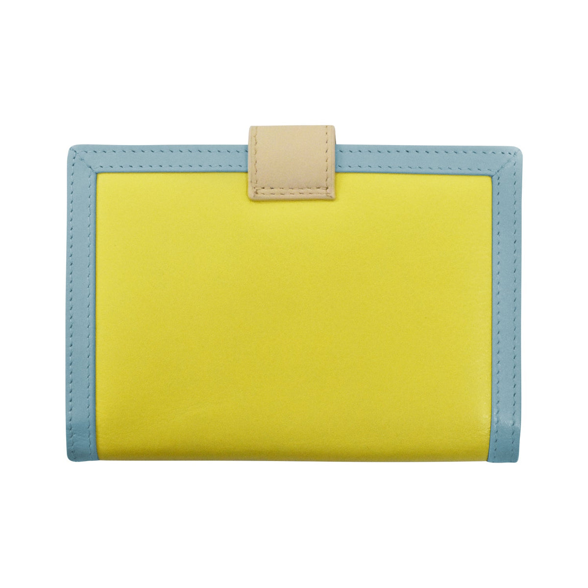 Yellow wallet with blue border and beige flap on a white background