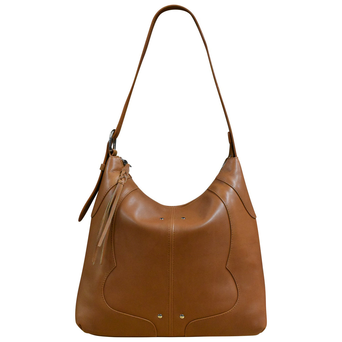 Brown leather handbag with a shoulder strap on a white background