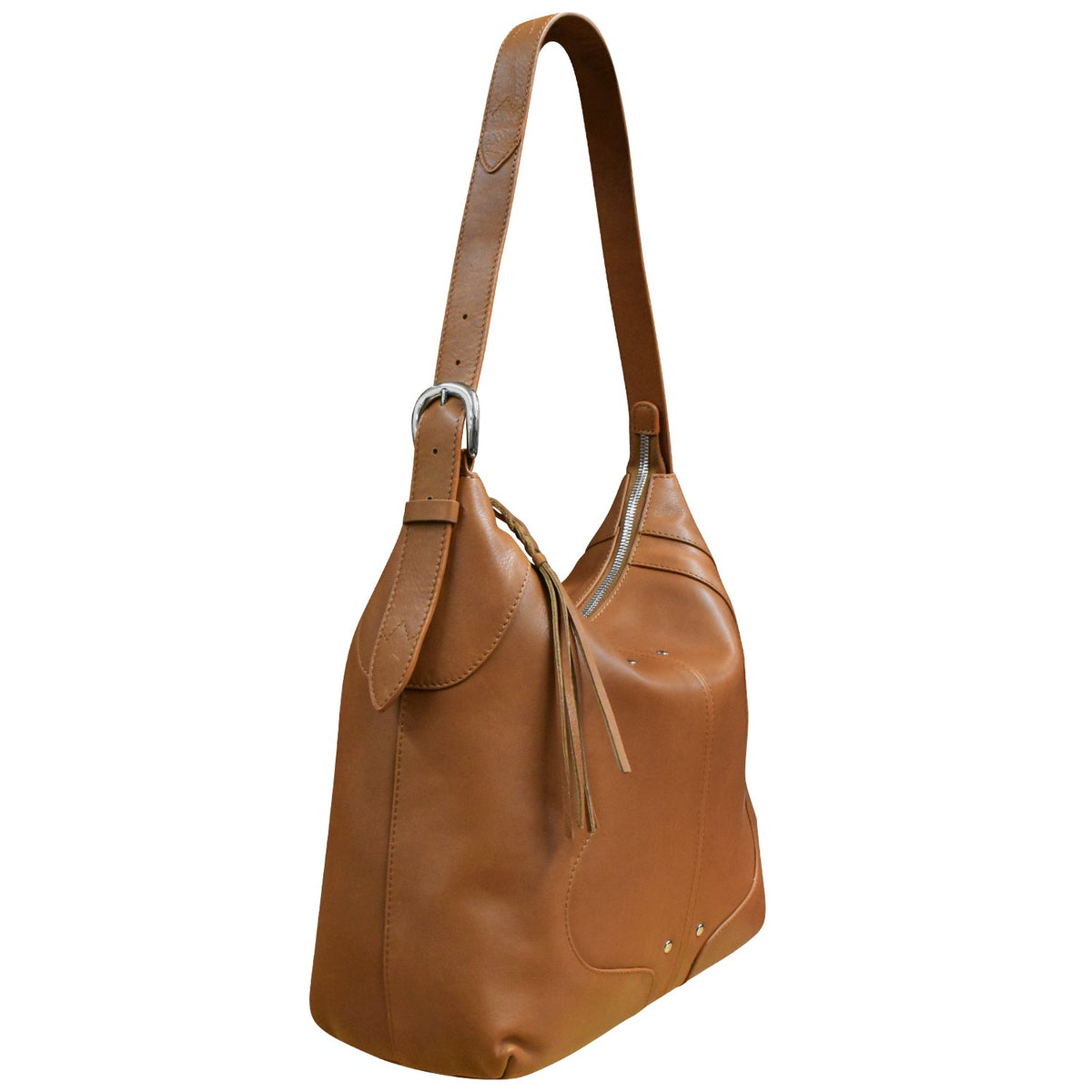 Brown leather handbag on a white background