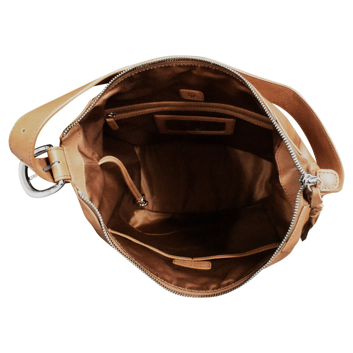 Open tan leather handbag on a white background