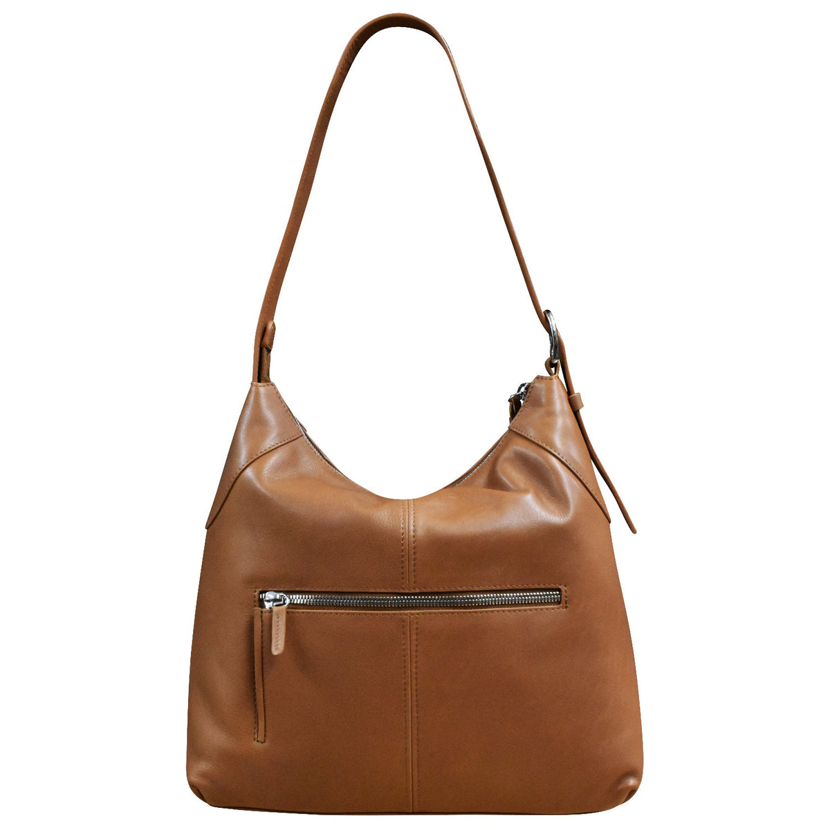 Brown leather handbag with a visible zipper on a white background