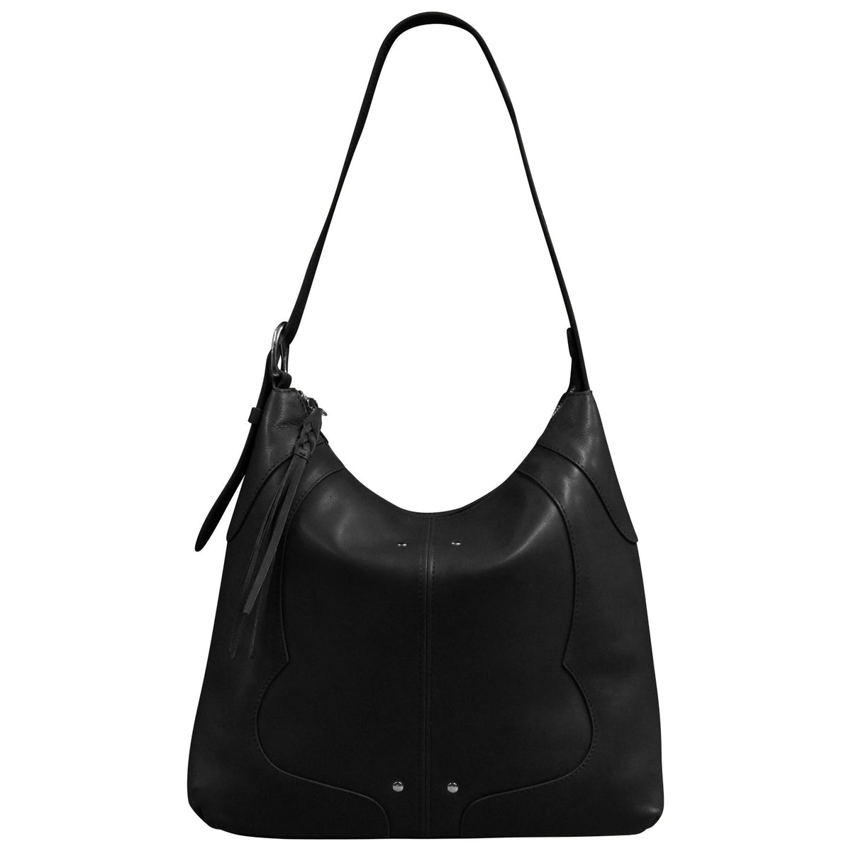 Black leather handbag on a white background