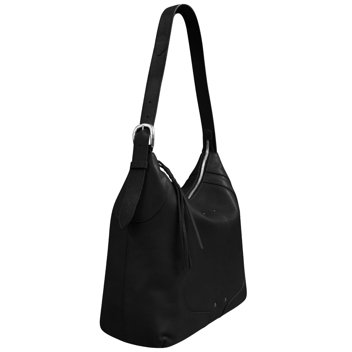 Black handbag with a strap on a white background