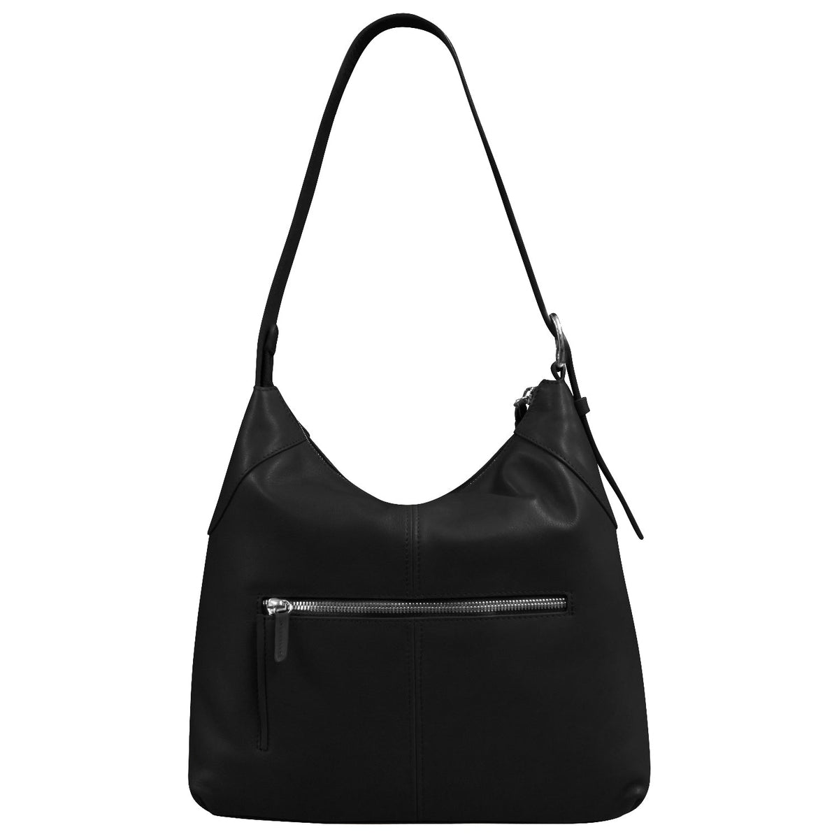 Black shoulder bag with a zipper on a white background