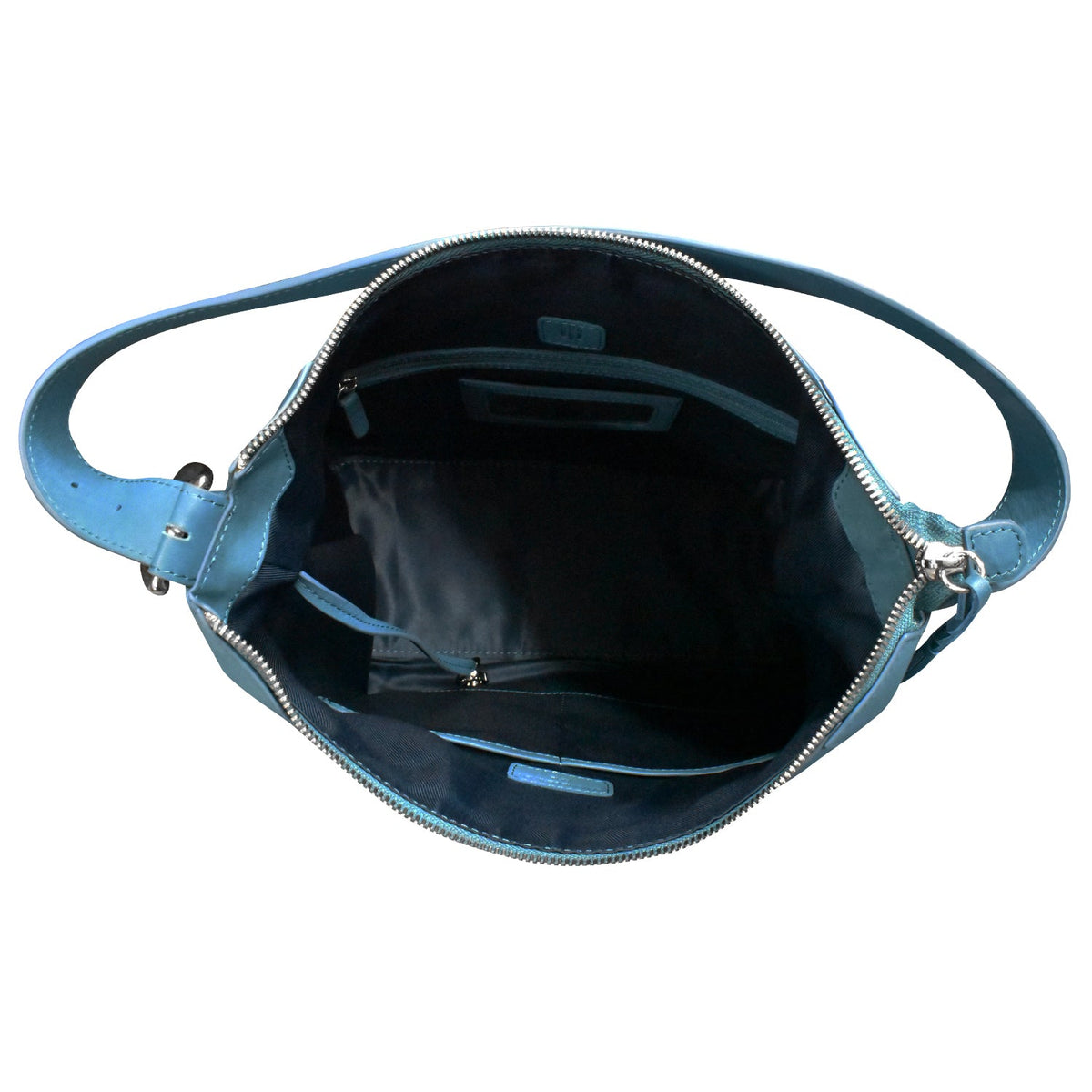Blue handbag with a visible brand logo on a white background