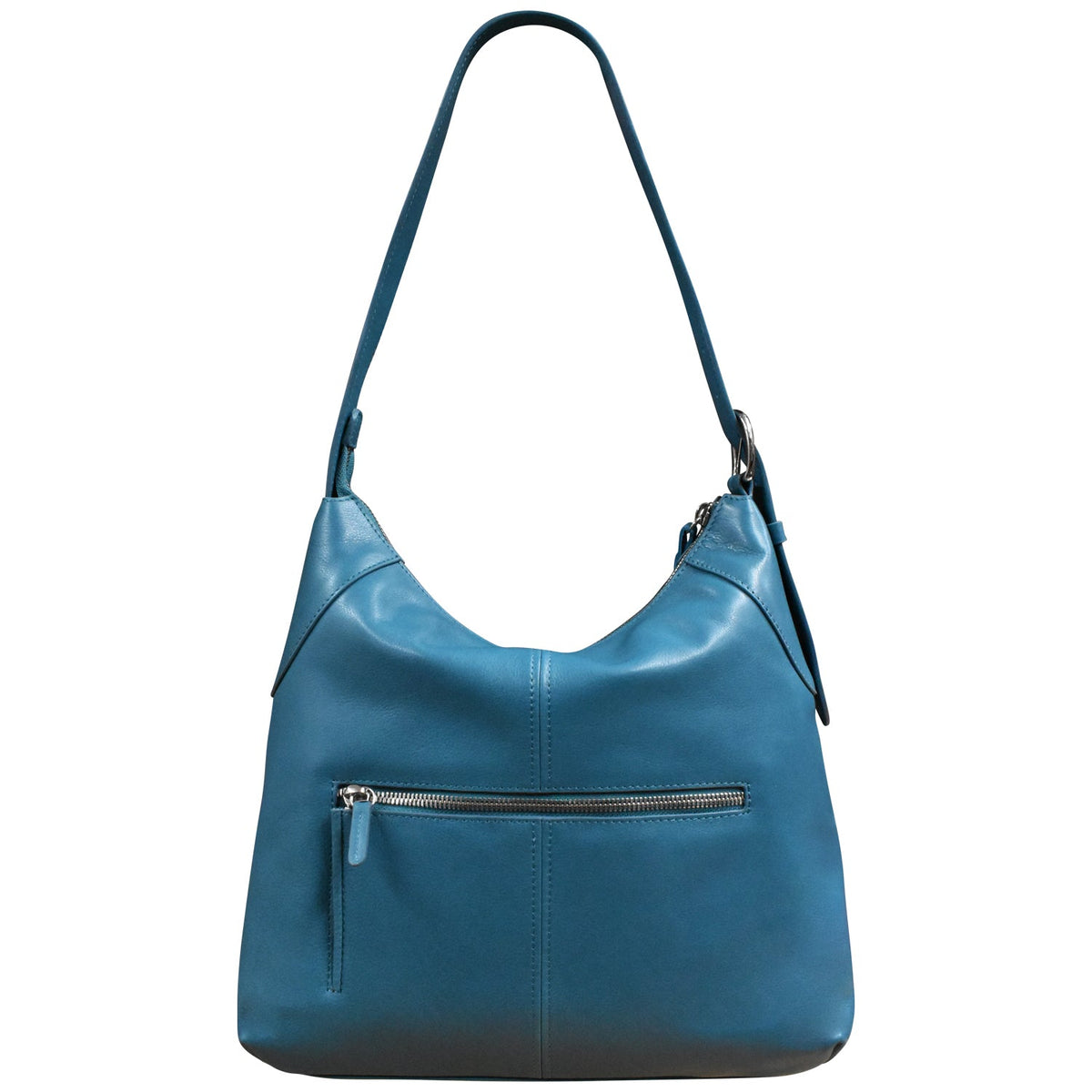 Blue handbag with a visible zipper on a white background