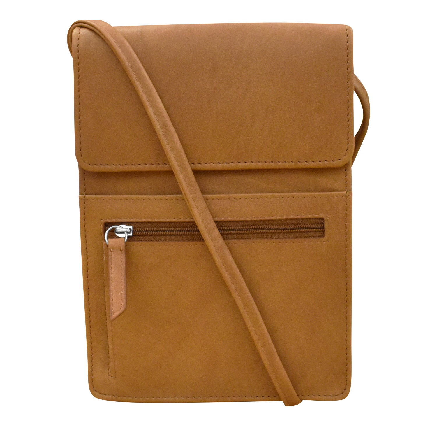 Brown leather crossbody bag on a white background