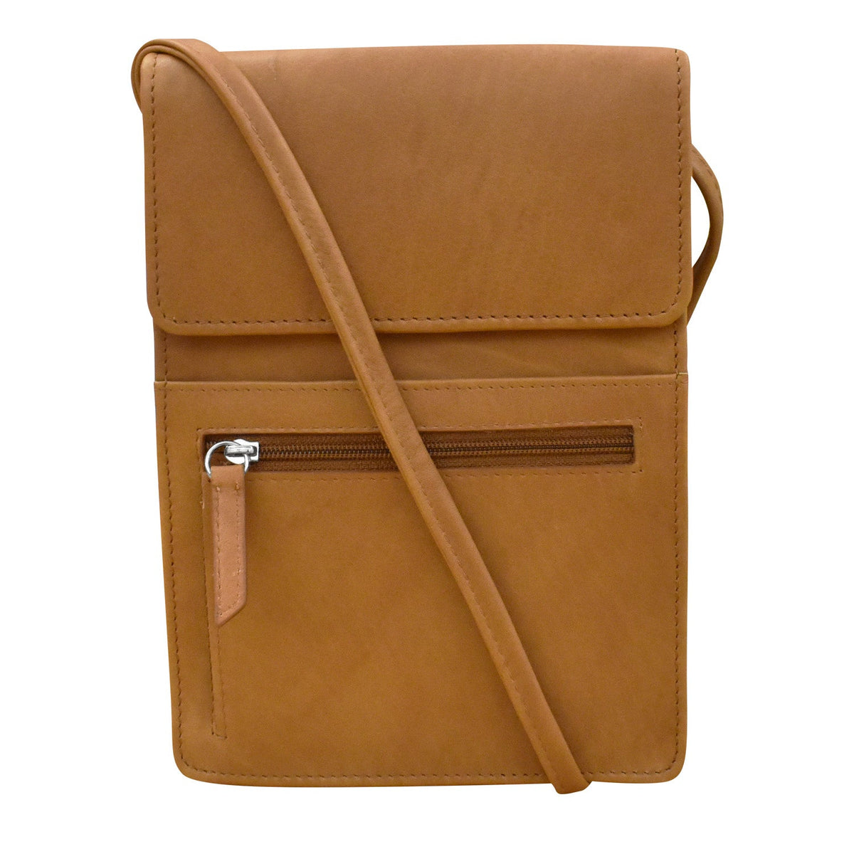 Brown leather crossbody bag on a white background