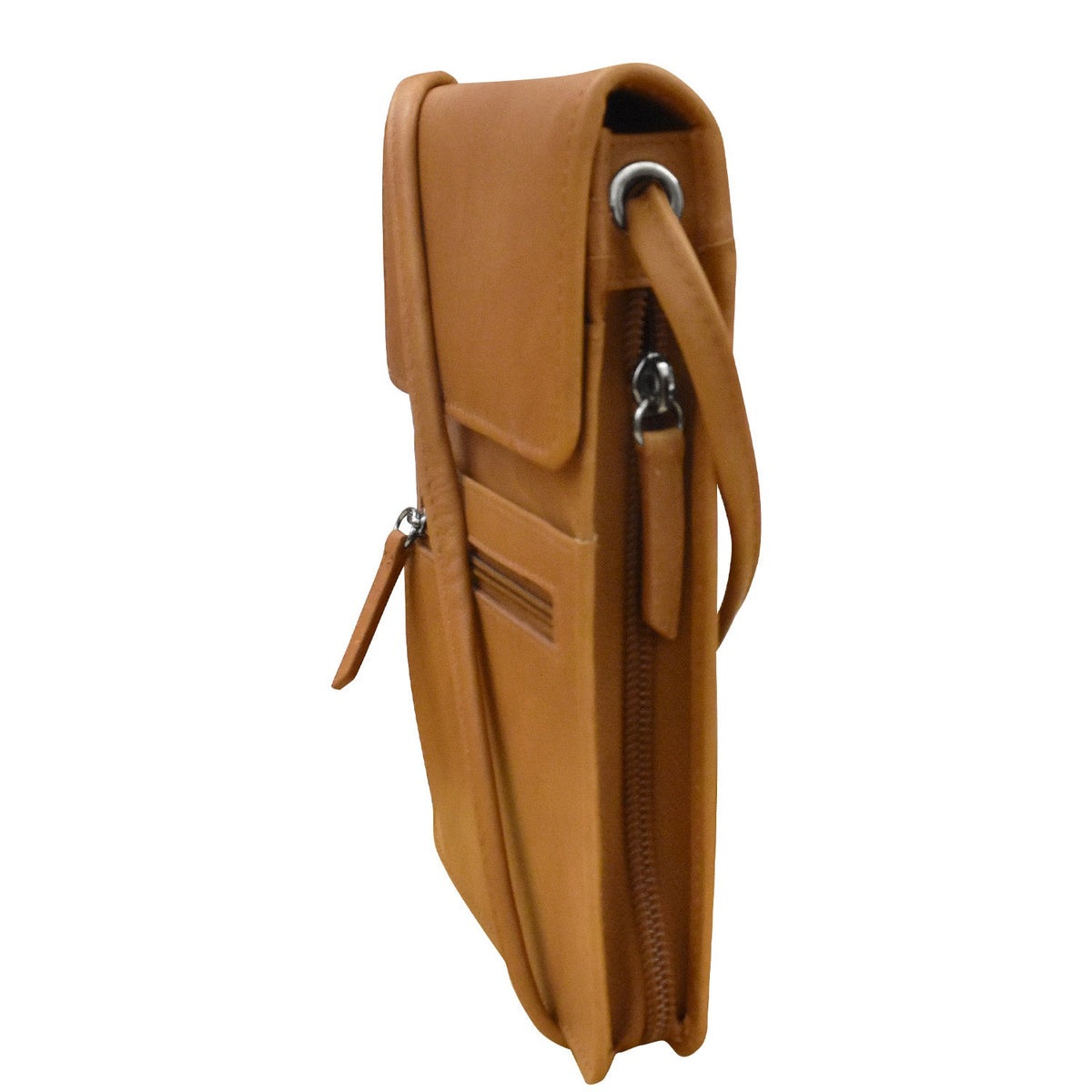 Brown leather crossbody bag on a white background