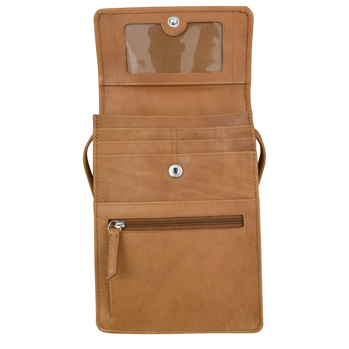 Brown leather wallet with a clear window on a white background