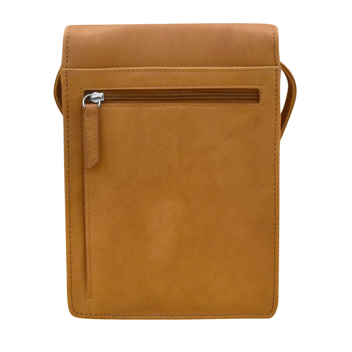 Brown leather crossbody bag with a visible zipper on a white background