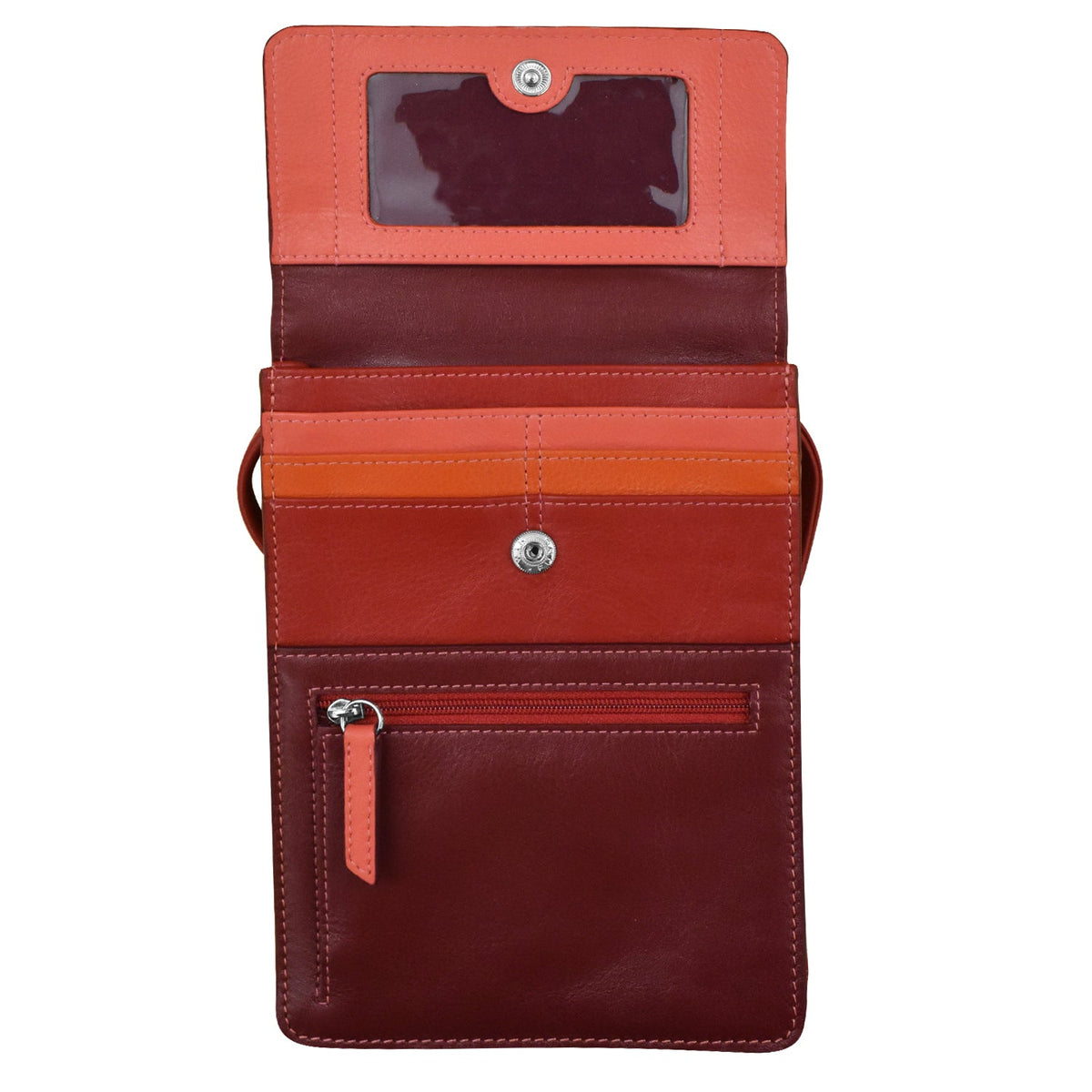 Red leather wallet with a clear window on a white background