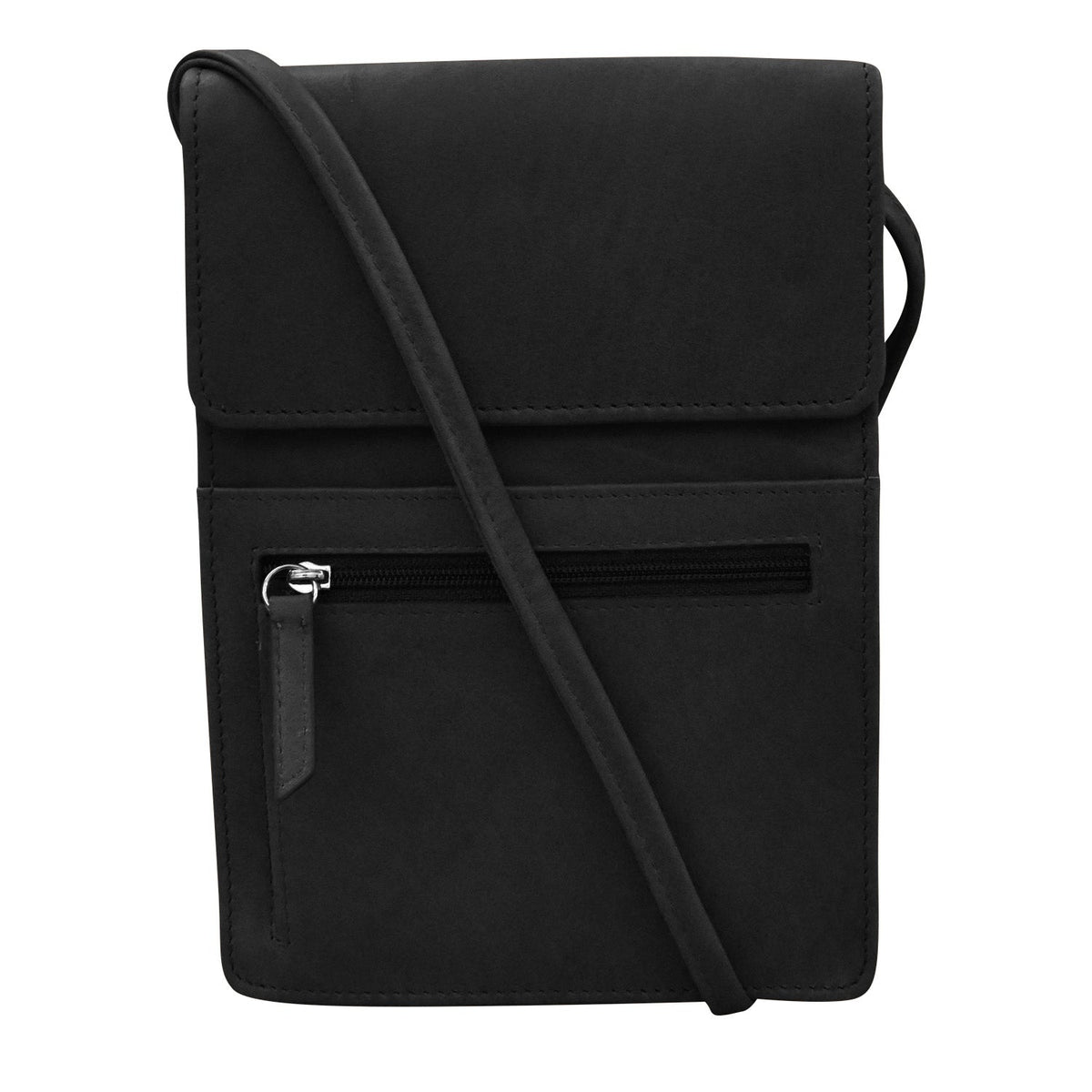 Black crossbody bag on a white background
