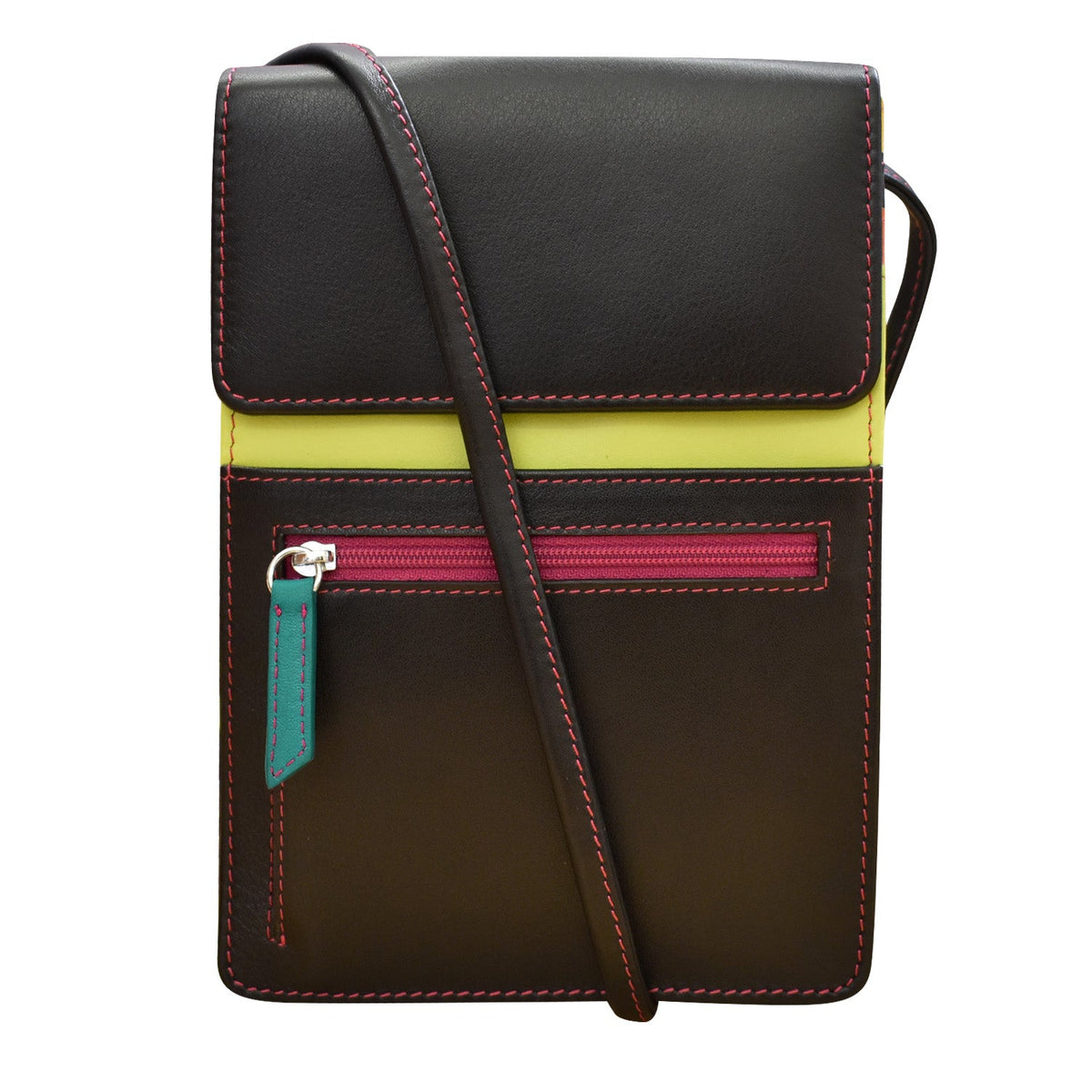 Black crossbody bag with colorful accents on a white background