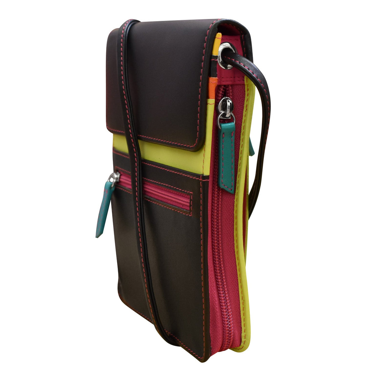 Multicolored crossbody bag with a strap on a white background