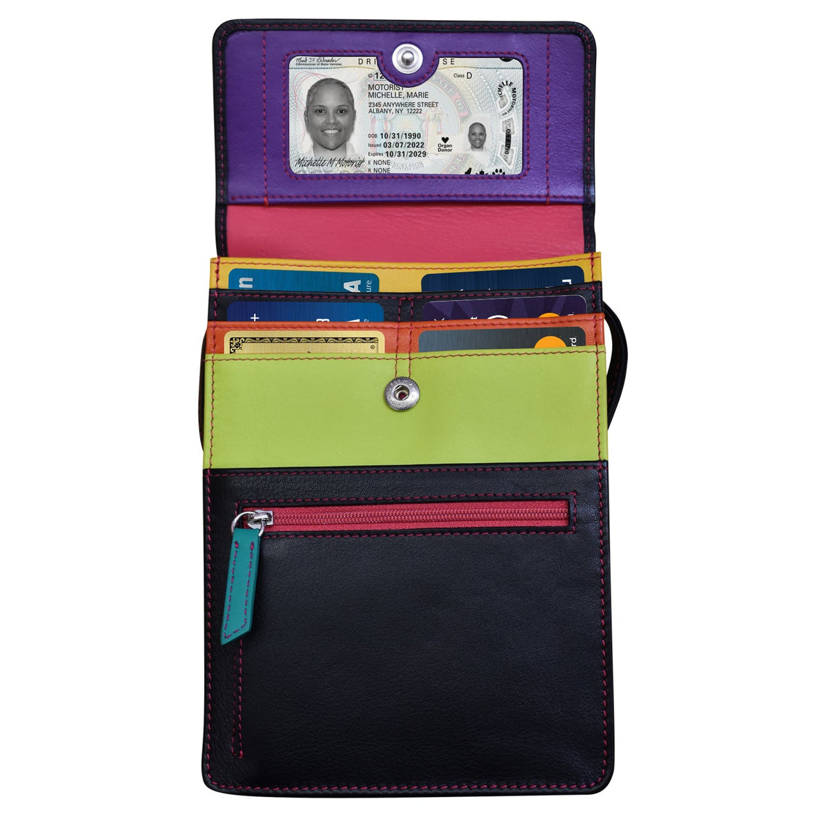 Multicolored wallet with card slots and a zipper pocket on a white background