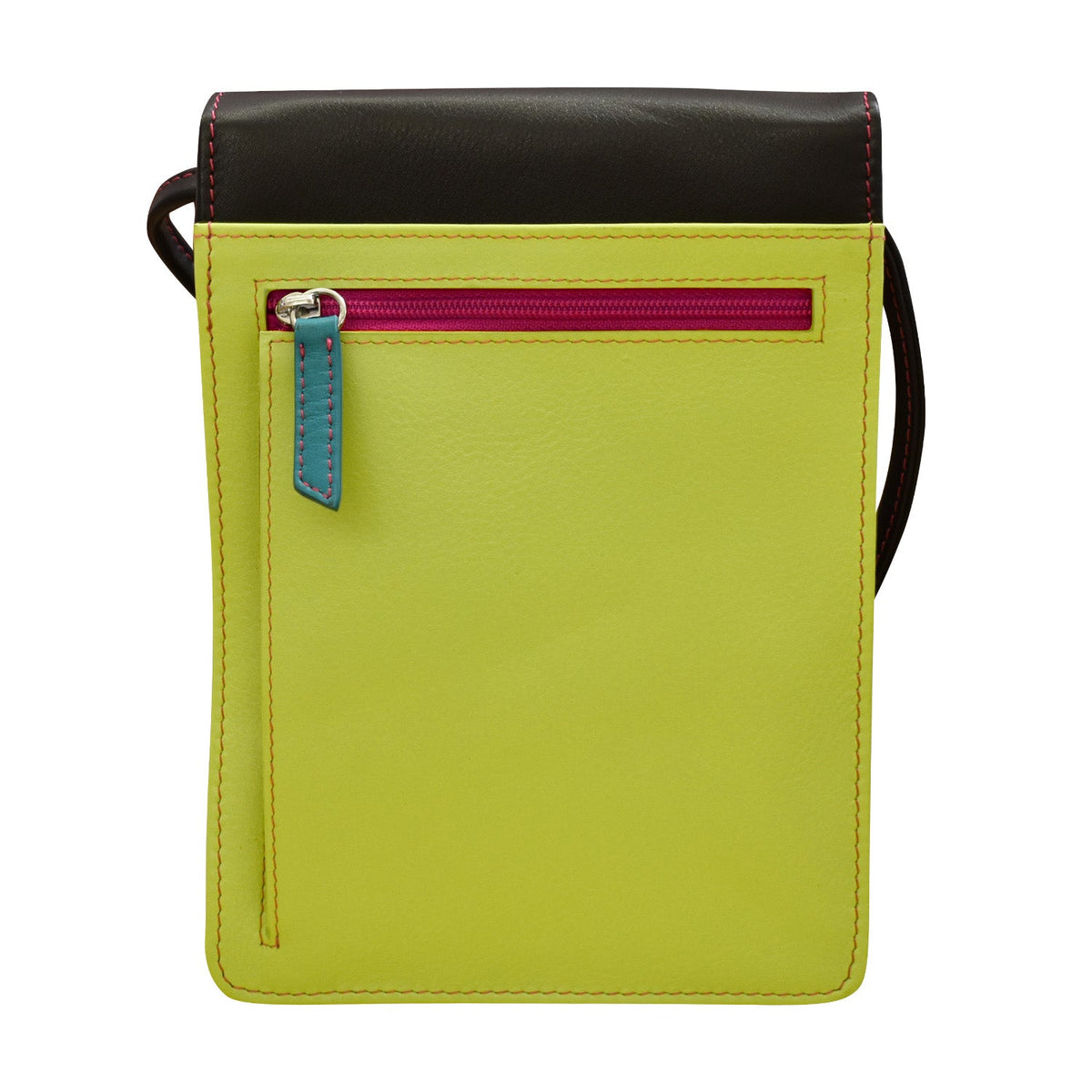 Green crossbody bag with a black top section and pink zipper on a white background
