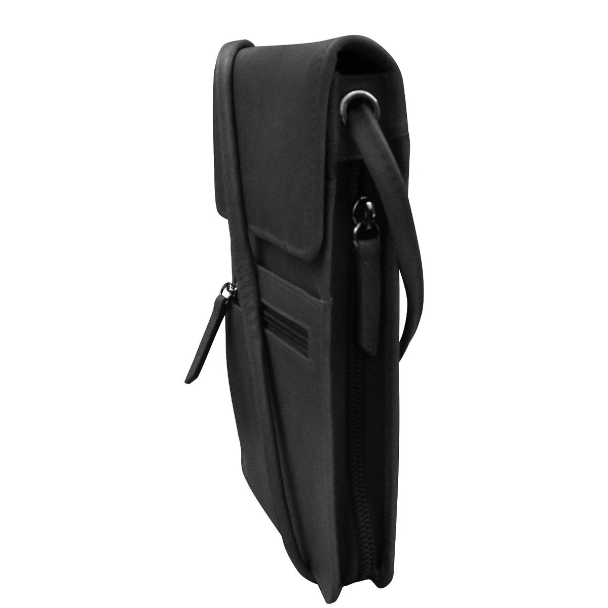 A black neoprene vertical pouch case with a zippered main compartment, a front slip pocket, and a detachable shoulder strap, shown from a side profile view on a white background.