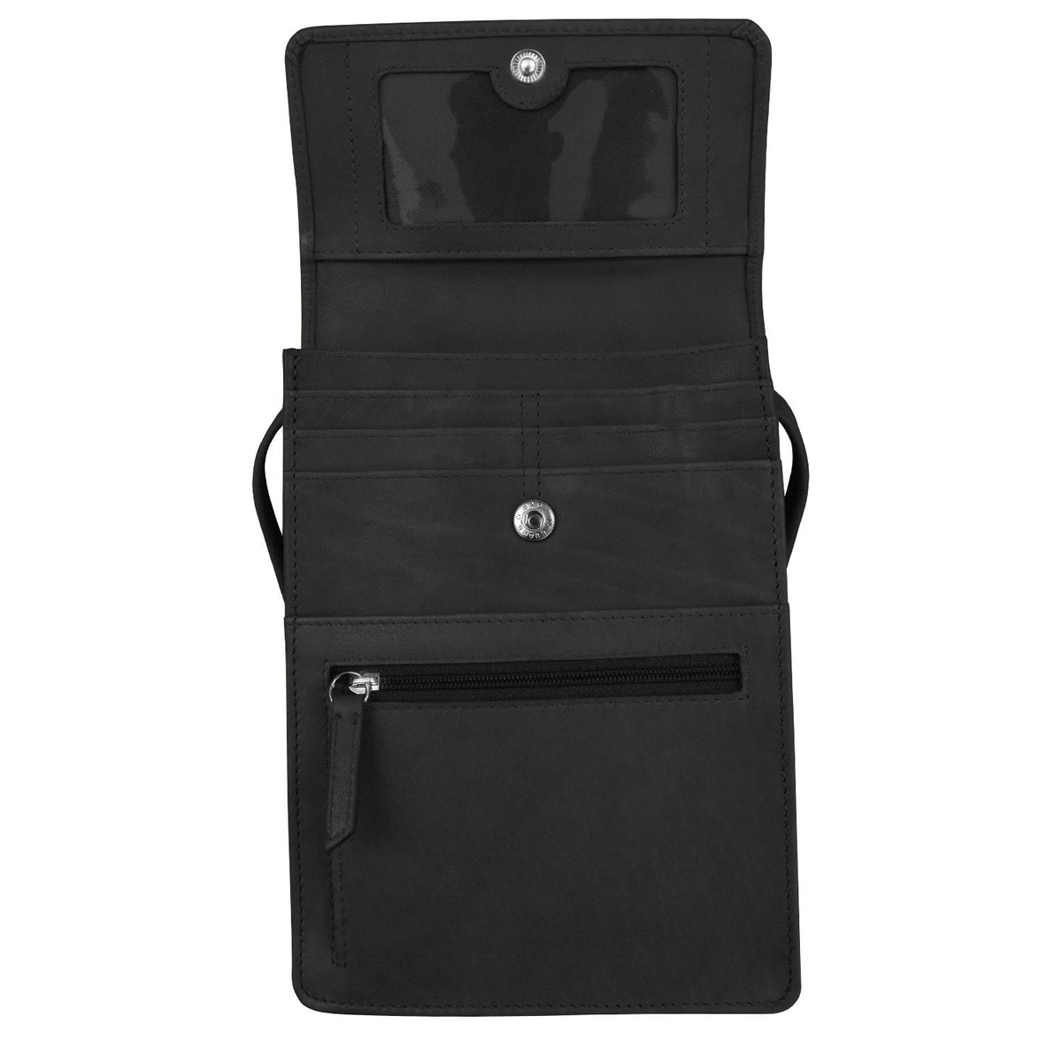 Black travel organizer with multiple compartments on a white background