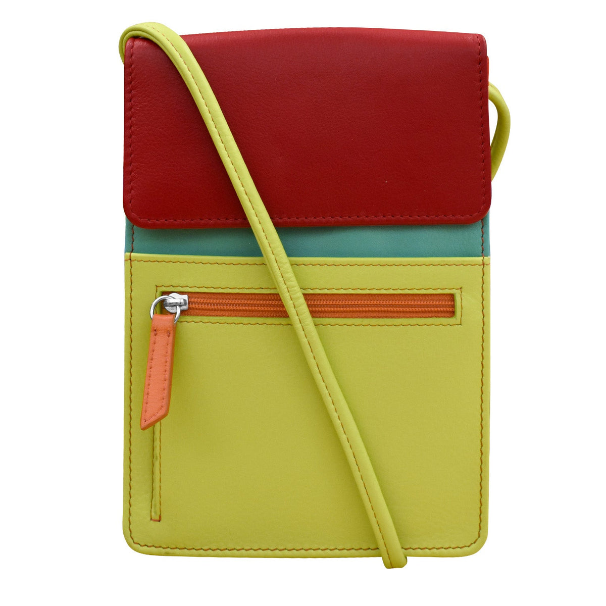 Colorful crossbody bag with red top section, yellow middle section, and green bottom section on a white background.