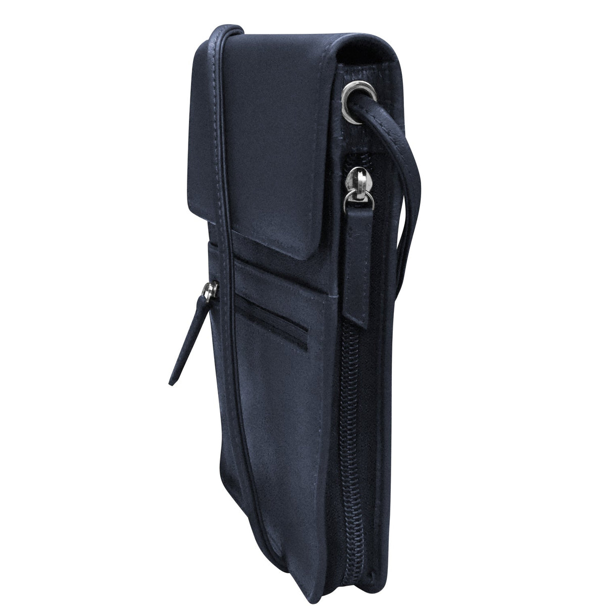 Black leather crossbody bag with a strap on a white background