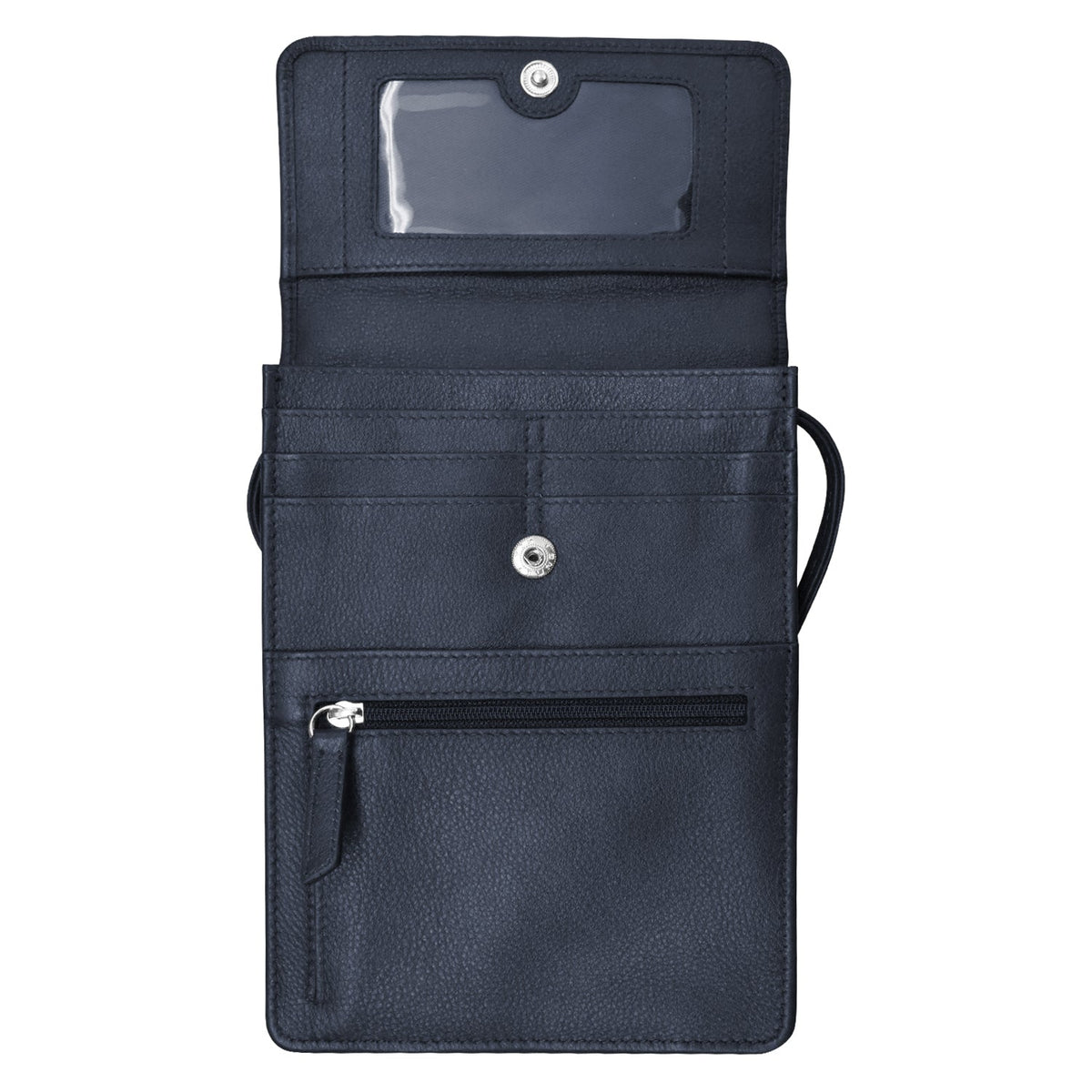 Black travel organizer with multiple pockets on a white background