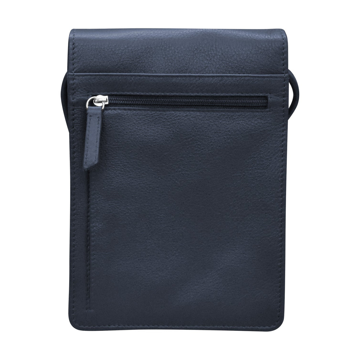 Navy blue leather crossbody bag with a zipper on a white background