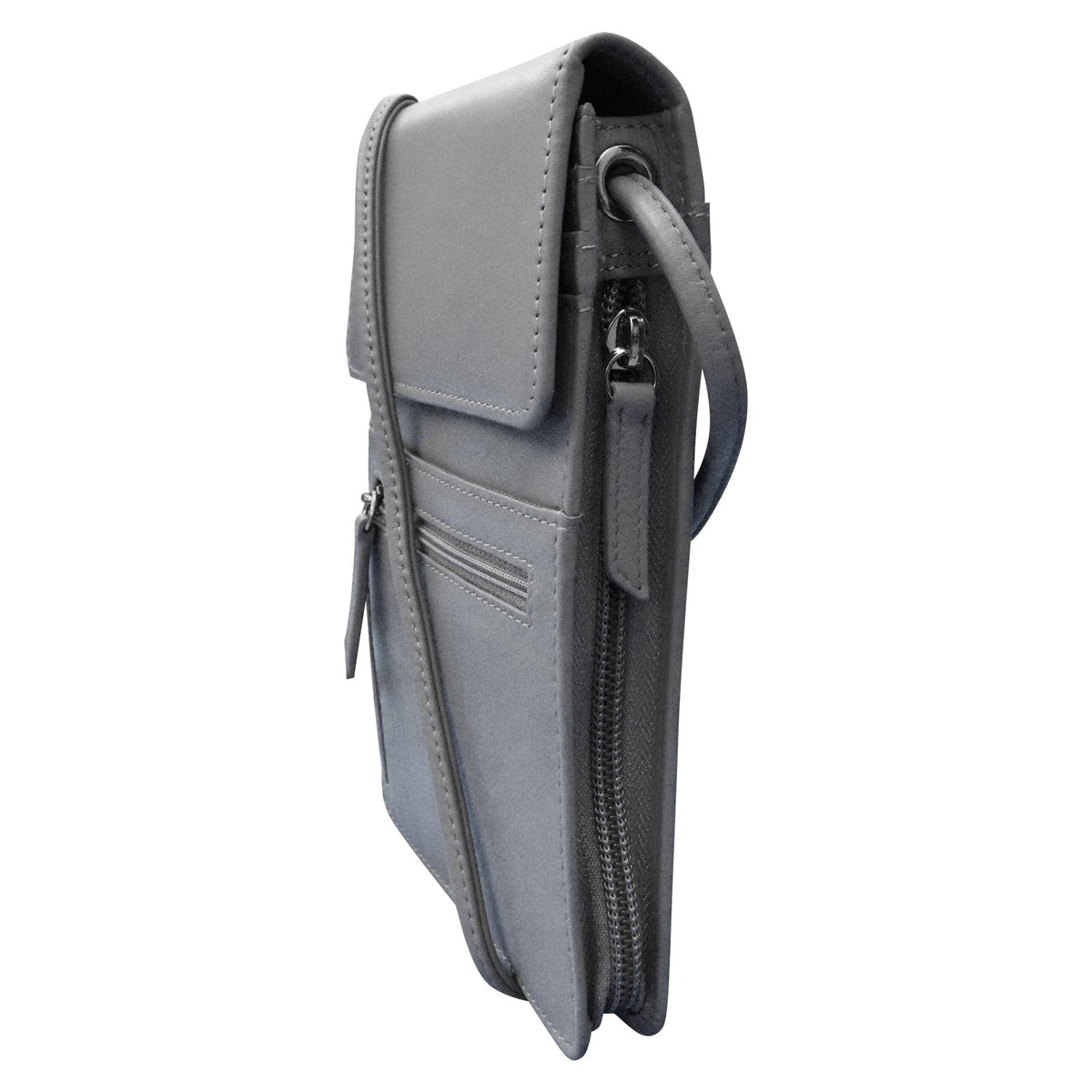 Gray crossbody bag with a strap on a white background