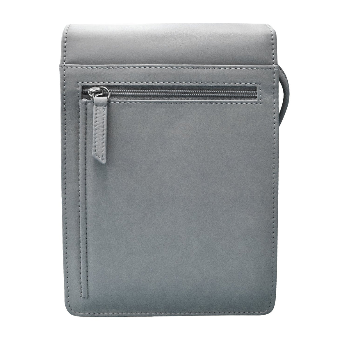 Gray crossbody bag with a zipper on a white background